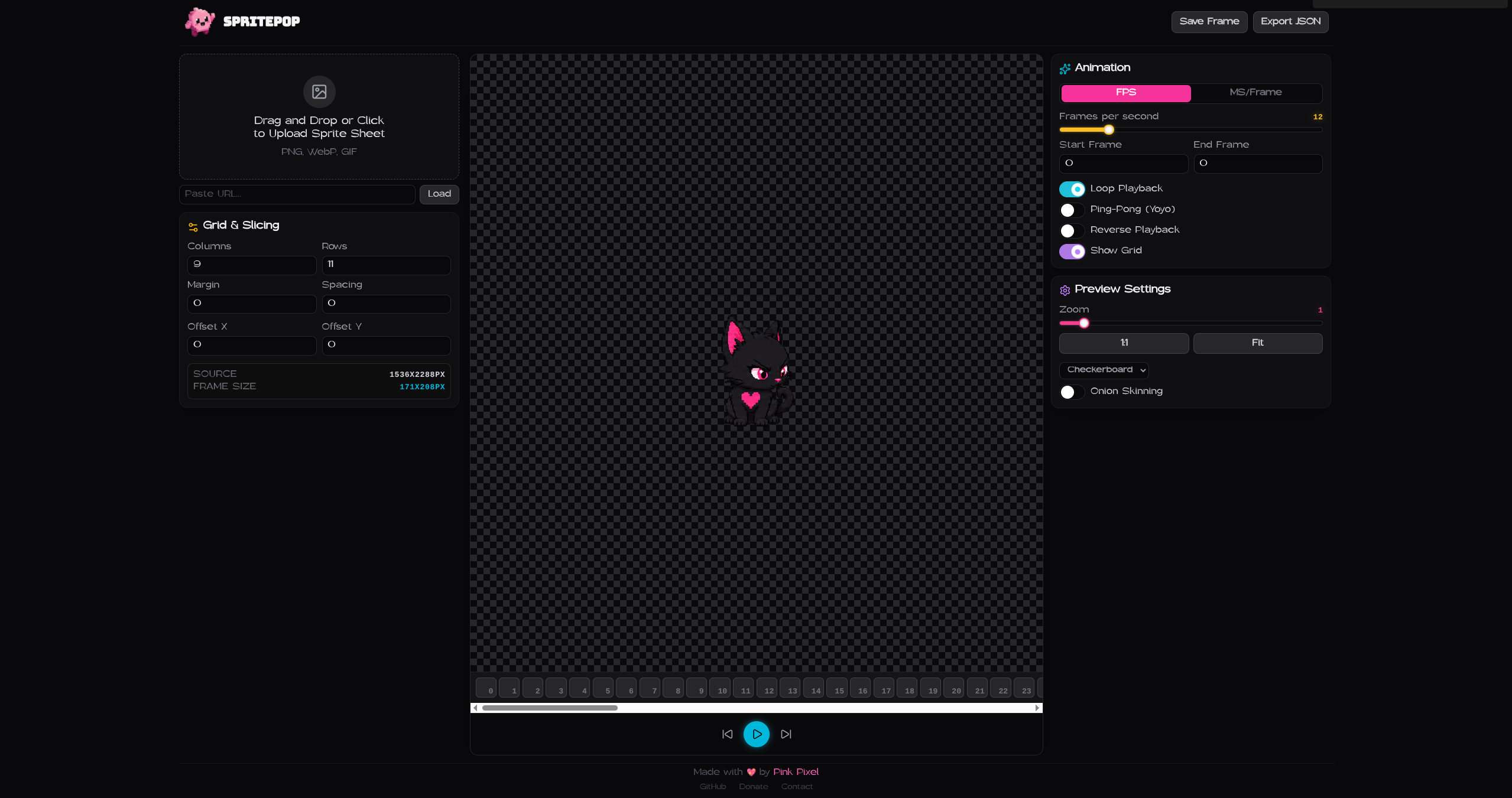 SpritePop web app interface showing sprite slicing controls, animation canvas preview, and timeline scrubber